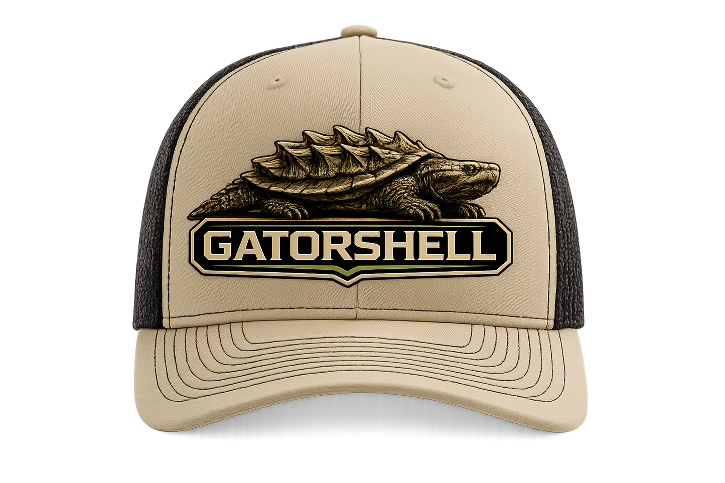 GatorShell Collection Exclusive Cap khaki and black trucker cap with turtle logo