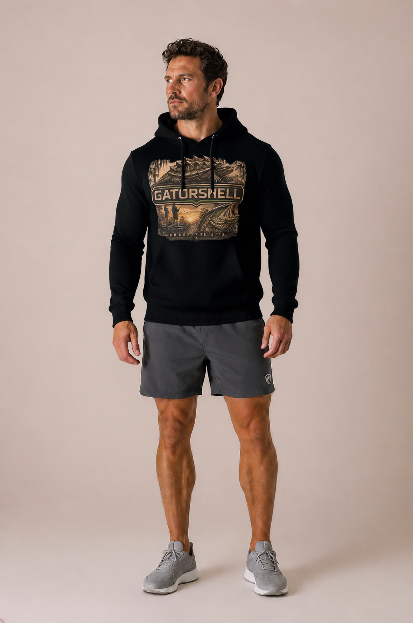Male model wearing the GatorShell bass fishing hoodie in Black.