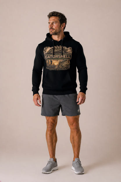 Male model wearing the GatorShell bass fishing hoodie in Black.