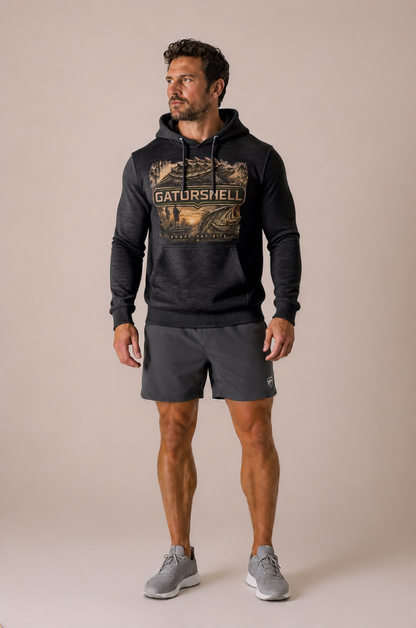 Male model wearing the GatorShell bass fishing hoodie in Charcoal Heather.