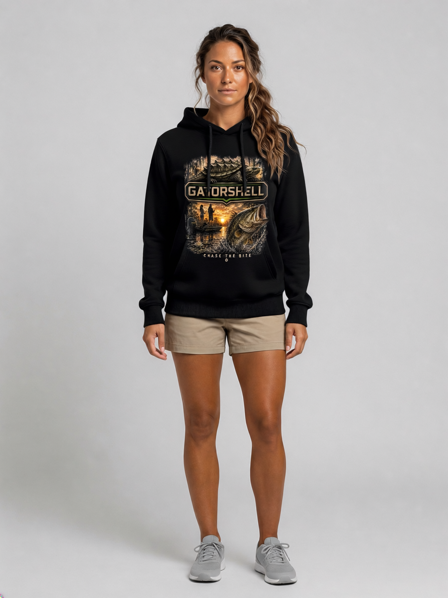 Female model wearing the GatorShell bass fishing hoodie in Black.