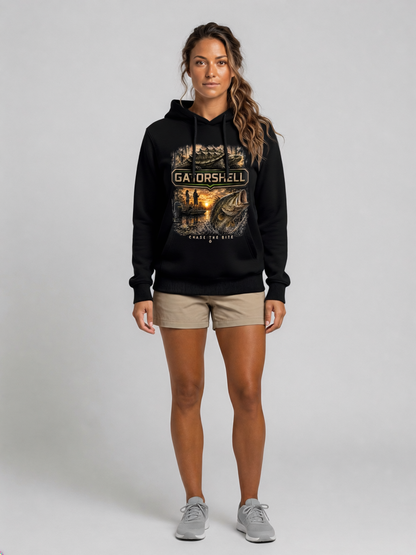 Female model wearing the GatorShell bass fishing hoodie in Black.