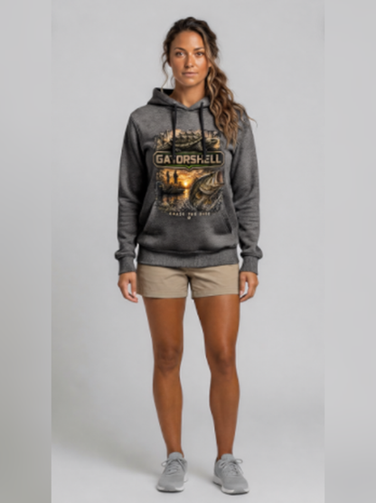 Female model wearing the GatorShell bass fishing hoodie in Charcoal Heather.