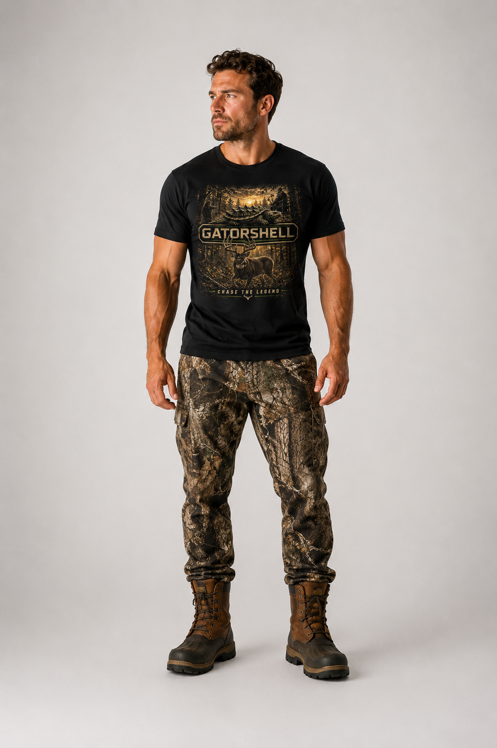 Male model wearing the GatorShell deer hunting tee in Black.