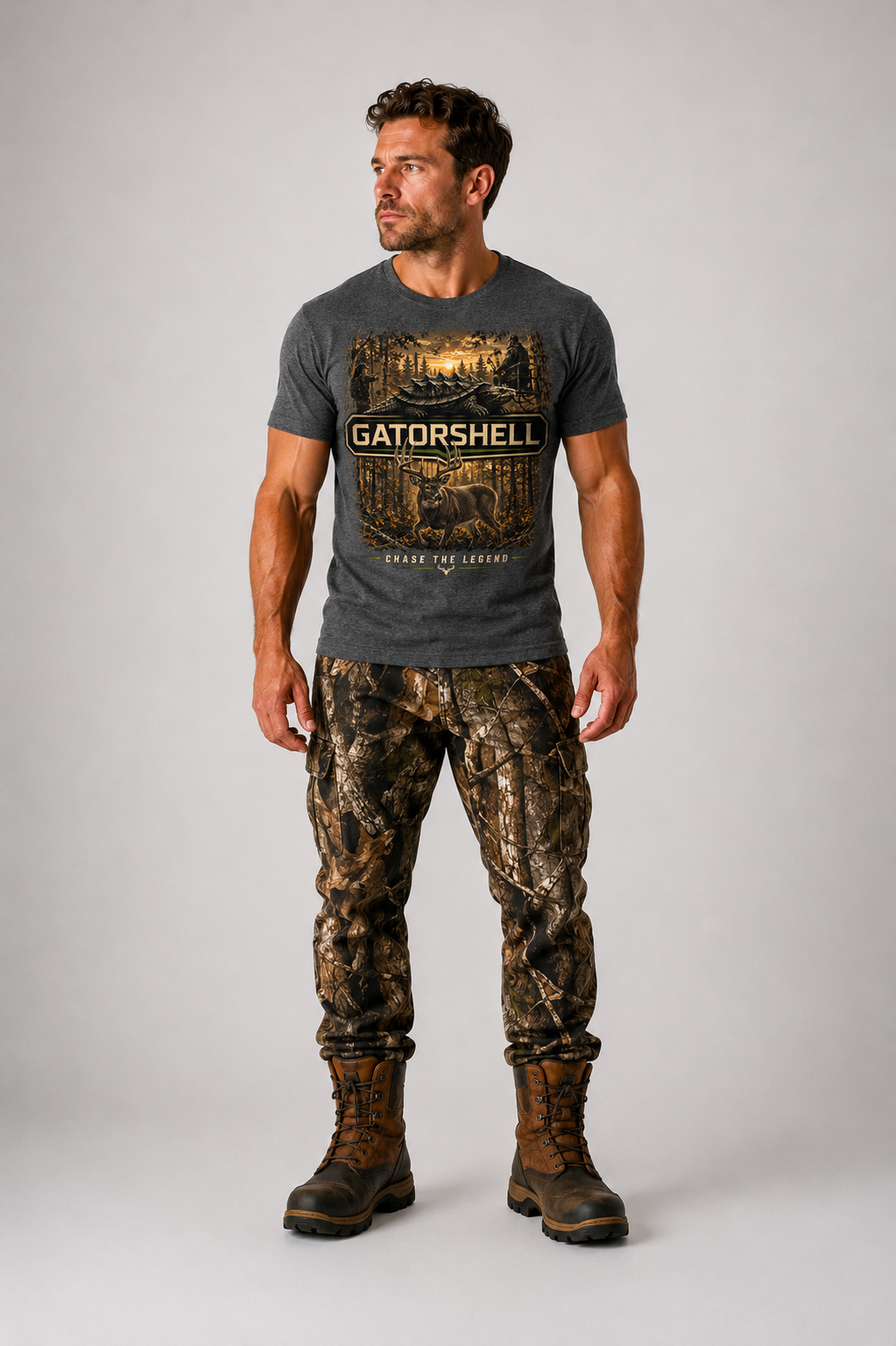 Male model wearing the GatorShell deer hunting tee in Charcoal Heather.