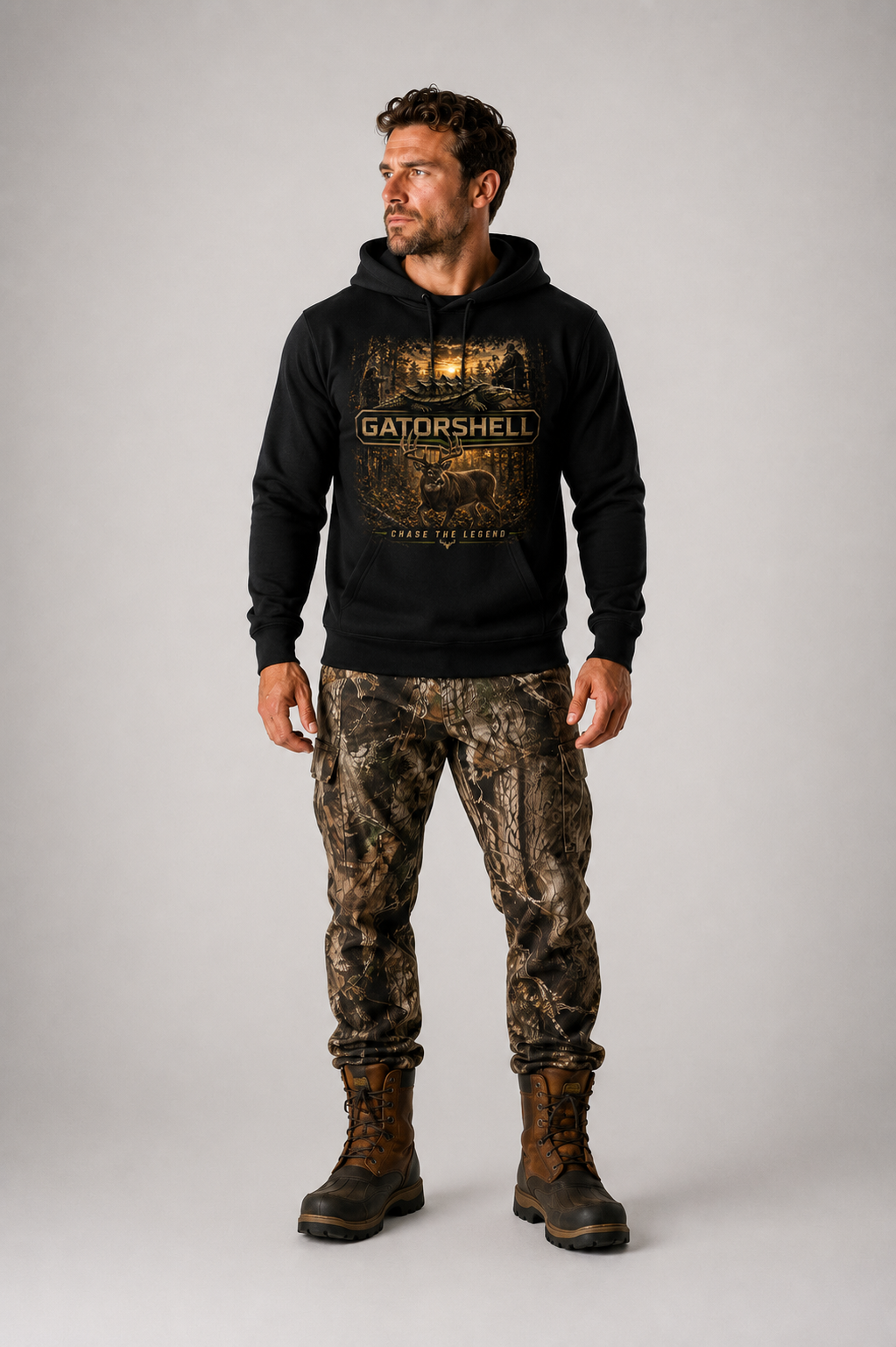 Male model wearing GatorShell Deer Hunting black pullover hoodie