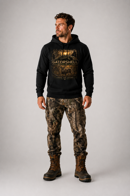Male model wearing GatorShell Deer Hunting black pullover hoodie