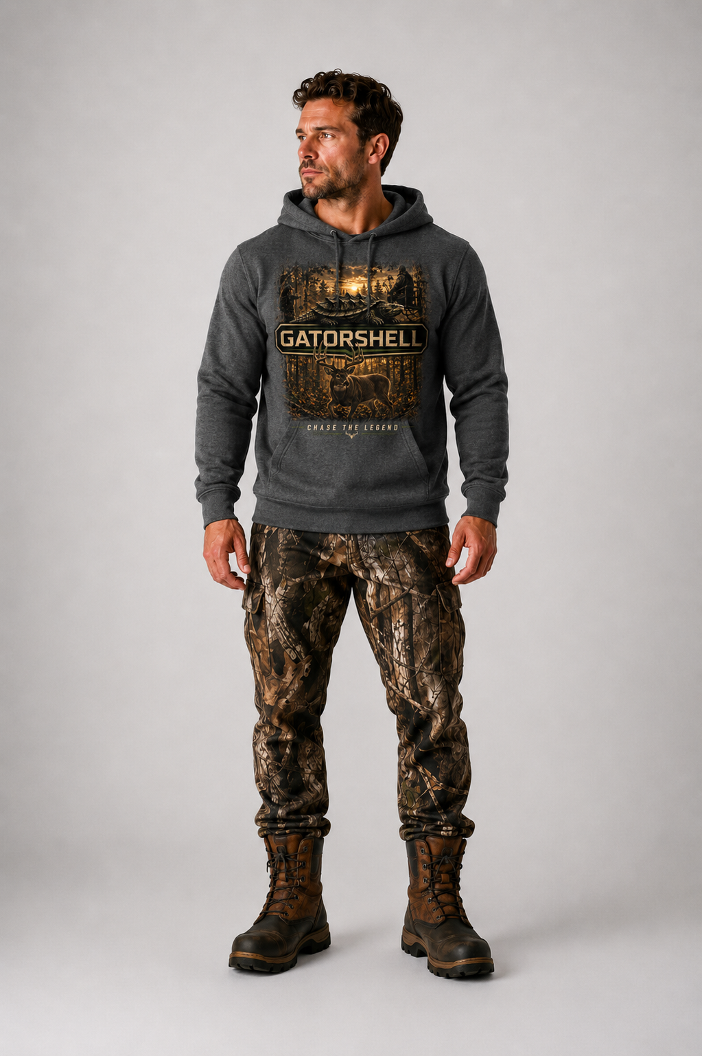 Male model wearing GatorShell Deer Hunting charcoal heather pullover hoodie