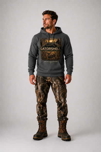Male model wearing GatorShell Deer Hunting charcoal heather pullover hoodie