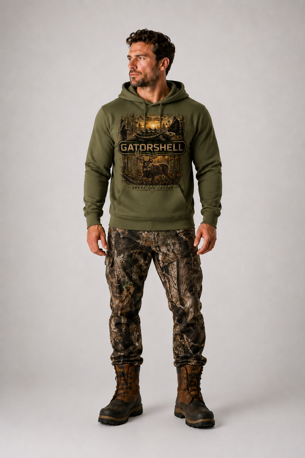 Male model wearing GatorShell Deer Hunting military green pullover hoodie