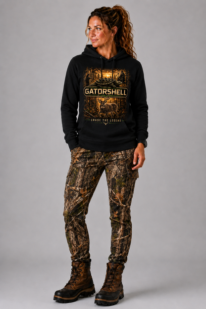 Female model wearing GatorShell Deer Hunting black hoodie