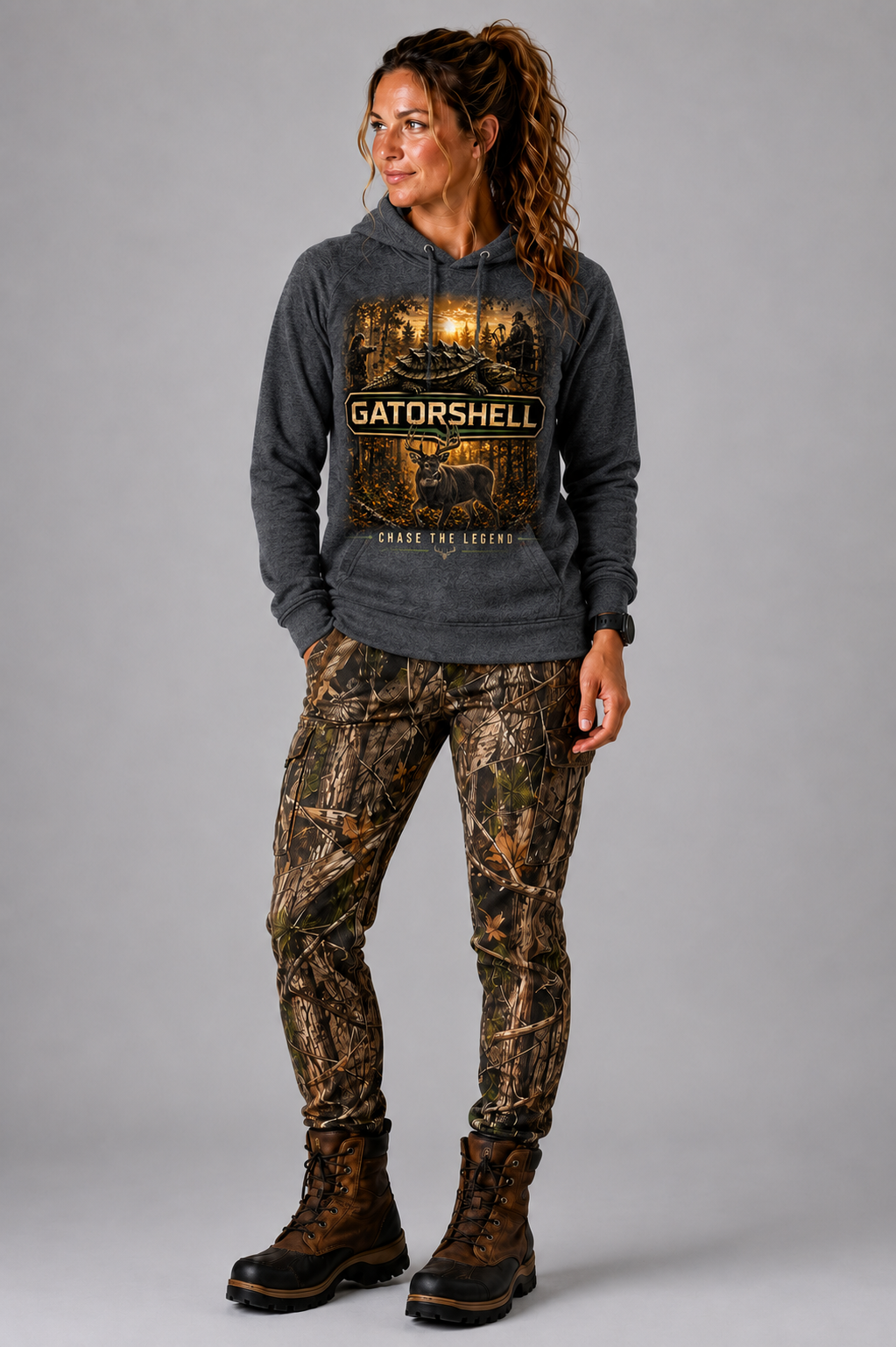 Female model wearing GatorShell Deer Hunting charcoal heather hoodie