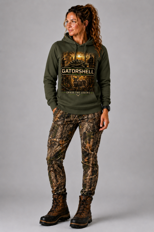 Female model wearing GatorShell Deer Hunting military green hoodie