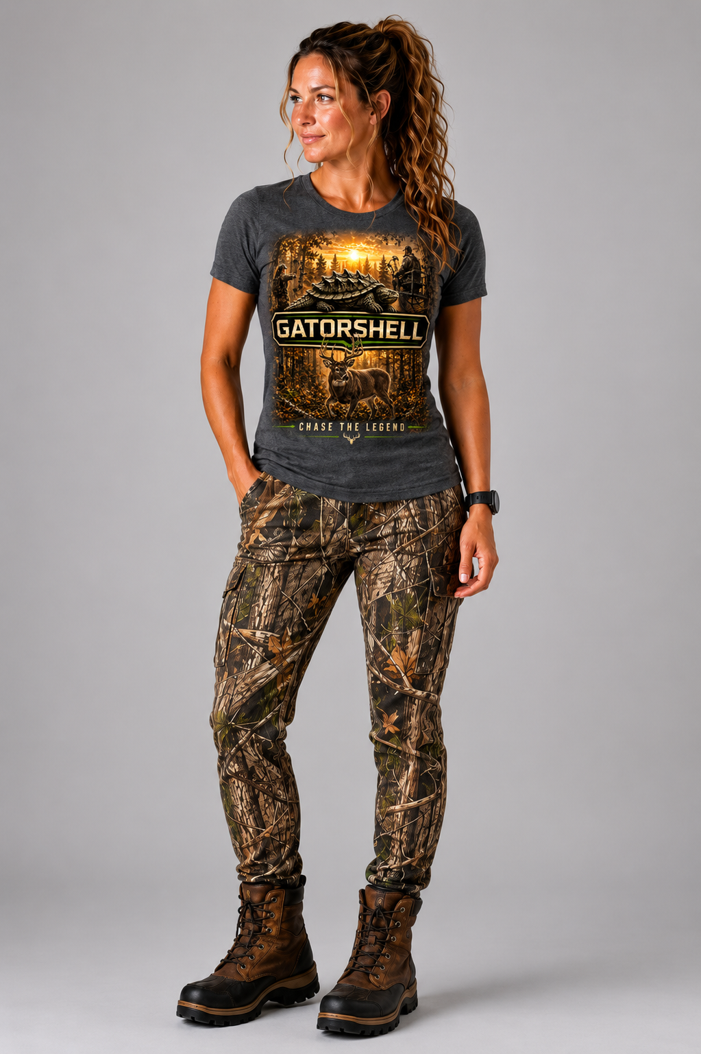 Female model wearing the GatorShell deer hunting tee in Charcoal Heather.