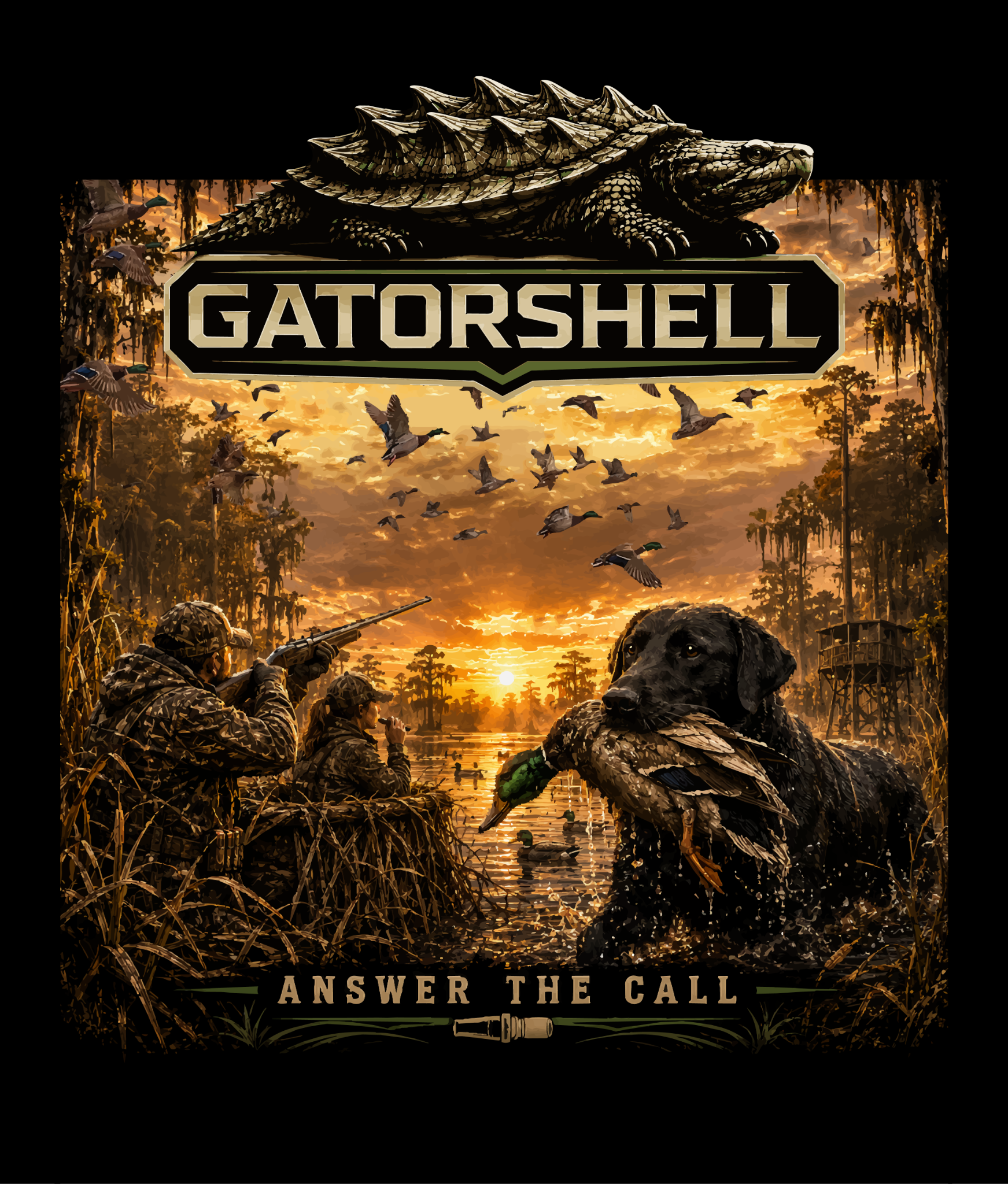GatorShell Duck Hunting Answer the Call artwork featuring Southern waterfowl hunting, retriever dog, ducks, and swamp sunrise