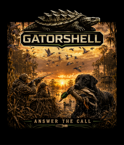 GatorShell Duck Hunting Answer the Call artwork featuring Southern waterfowl hunting, retriever dog, ducks, and swamp sunrise