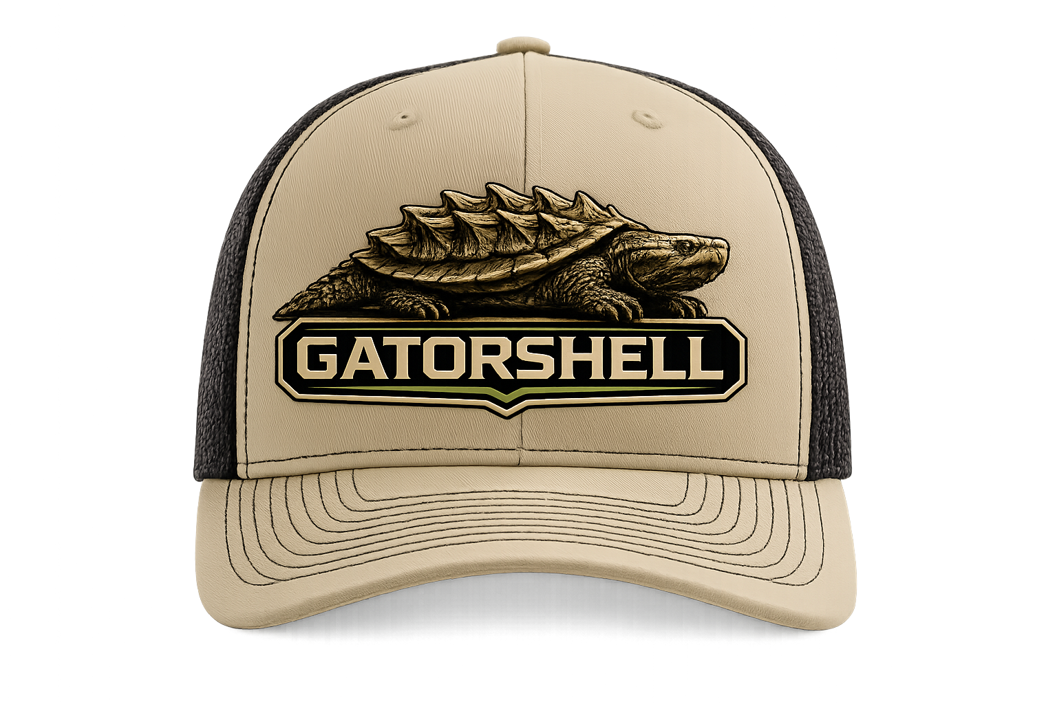 GatorShell Collection Exclusive Cap khaki and black trucker cap with turtle logo