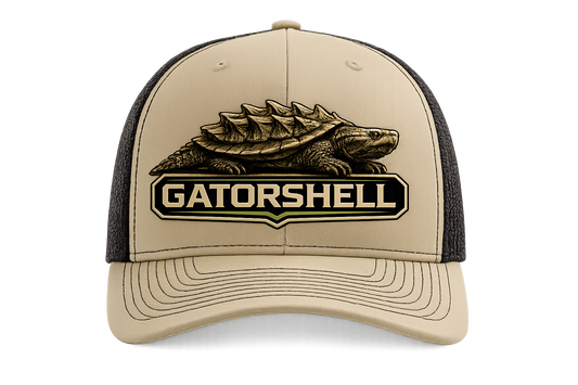 GatorShell Collection Exclusive Cap khaki and black trucker cap with turtle logo