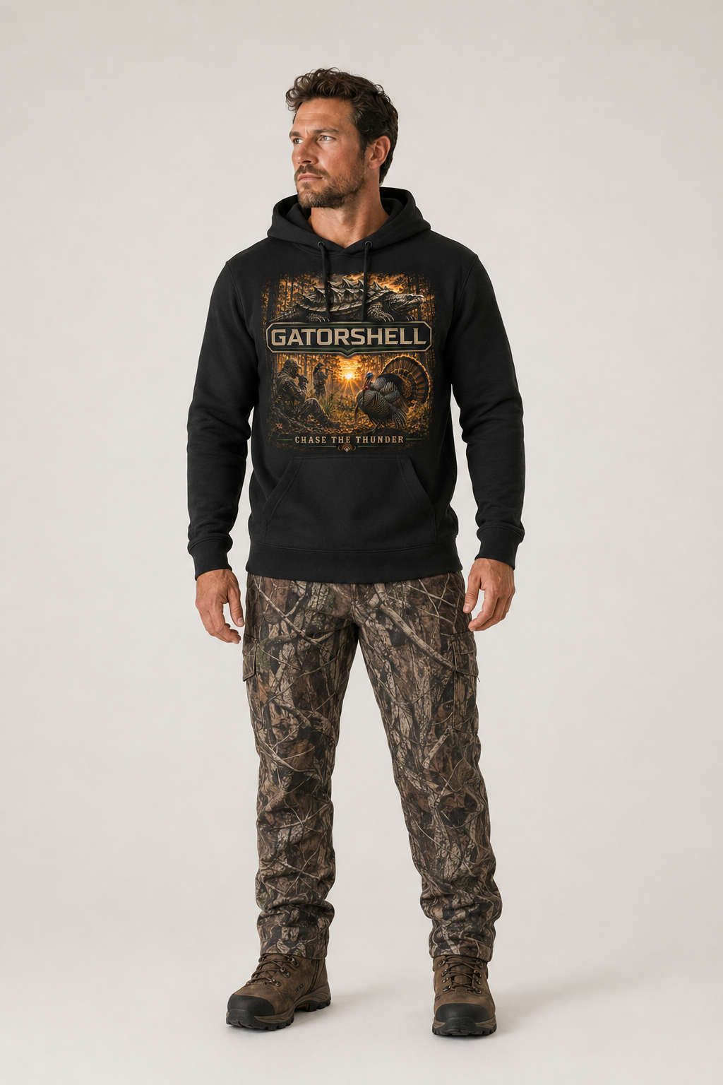 Male model wearing black GatorShell Turkey Hunting hoodie
