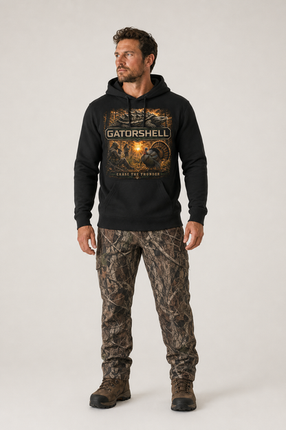 Male model wearing black GatorShell Turkey Hunting hoodie