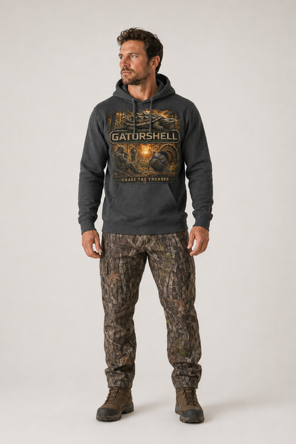 Male model wearing charcoal heather GatorShell Turkey Hunting hoodie