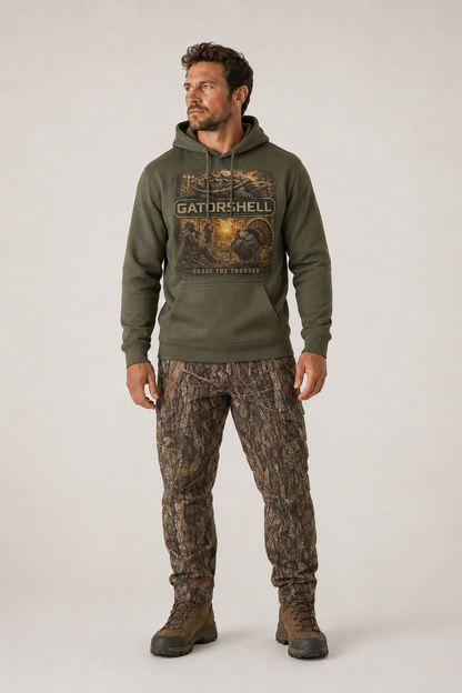 Male model wearing military green GatorShell Turkey Hunting hoodie