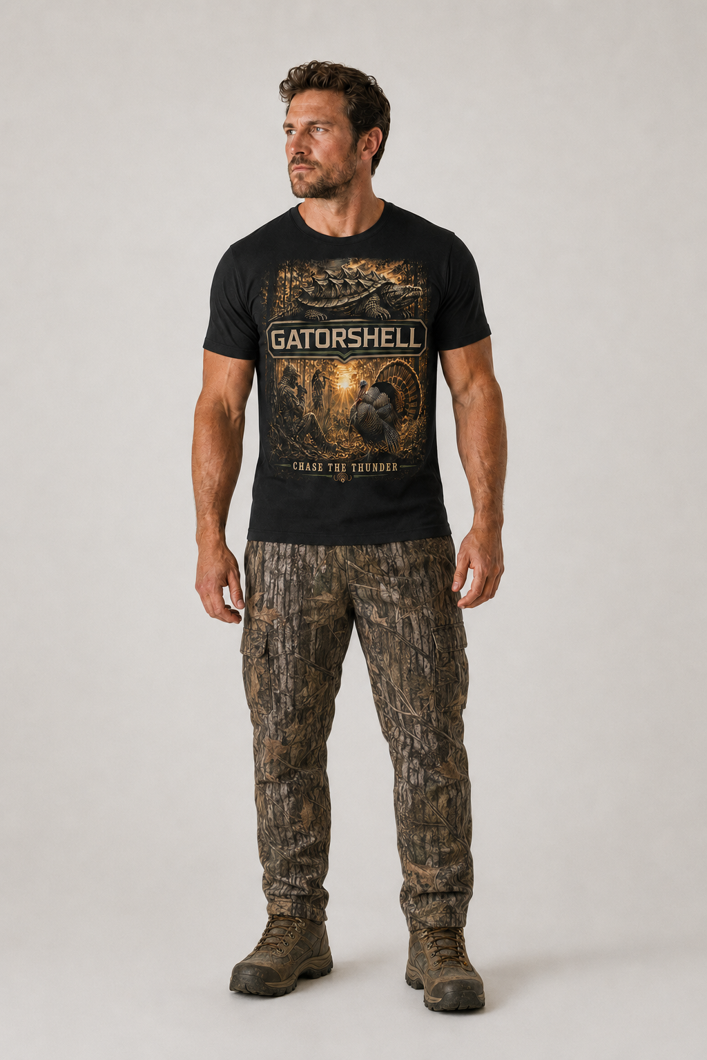 Male model wearing black GatorShell Turkey Hunting tee