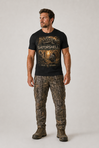Male model wearing black GatorShell Turkey Hunting tee