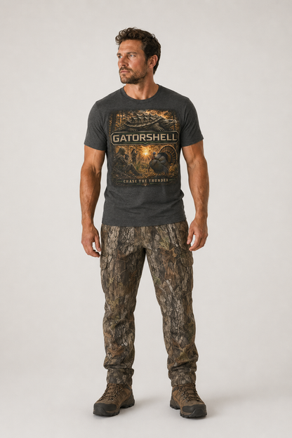 Male model wearing charcoal heather GatorShell Turkey Hunting tee