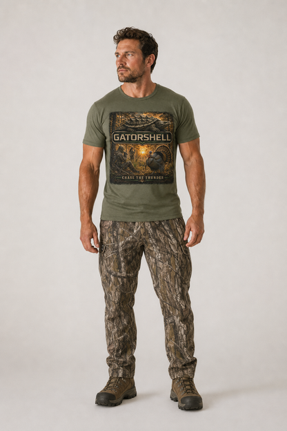Male model wearing military green GatorShell Turkey Hunting tee
