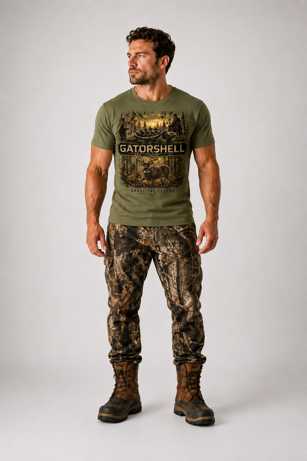 Male model wearing the GatorShell deer hunting tee in Military Green.