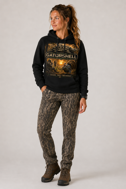 Female model wearing black GatorShell Turkey Hunting hoodie