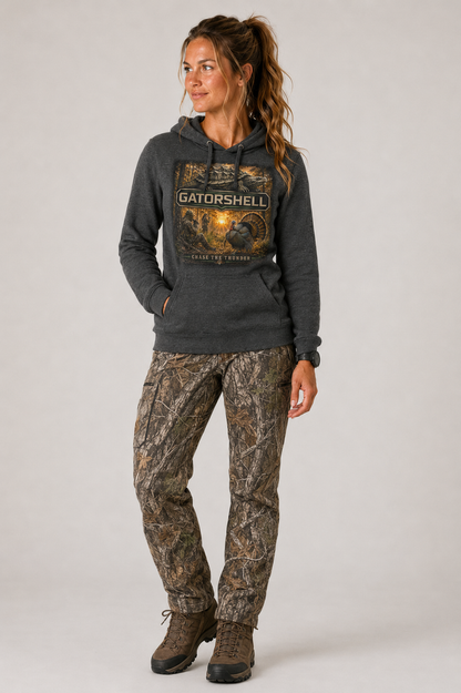 Female model wearing charcoal heather GatorShell Turkey Hunting hoodie