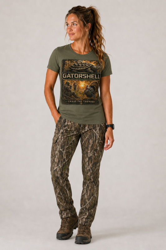 Female model wearing military green GatorShell Turkey Hunting tee